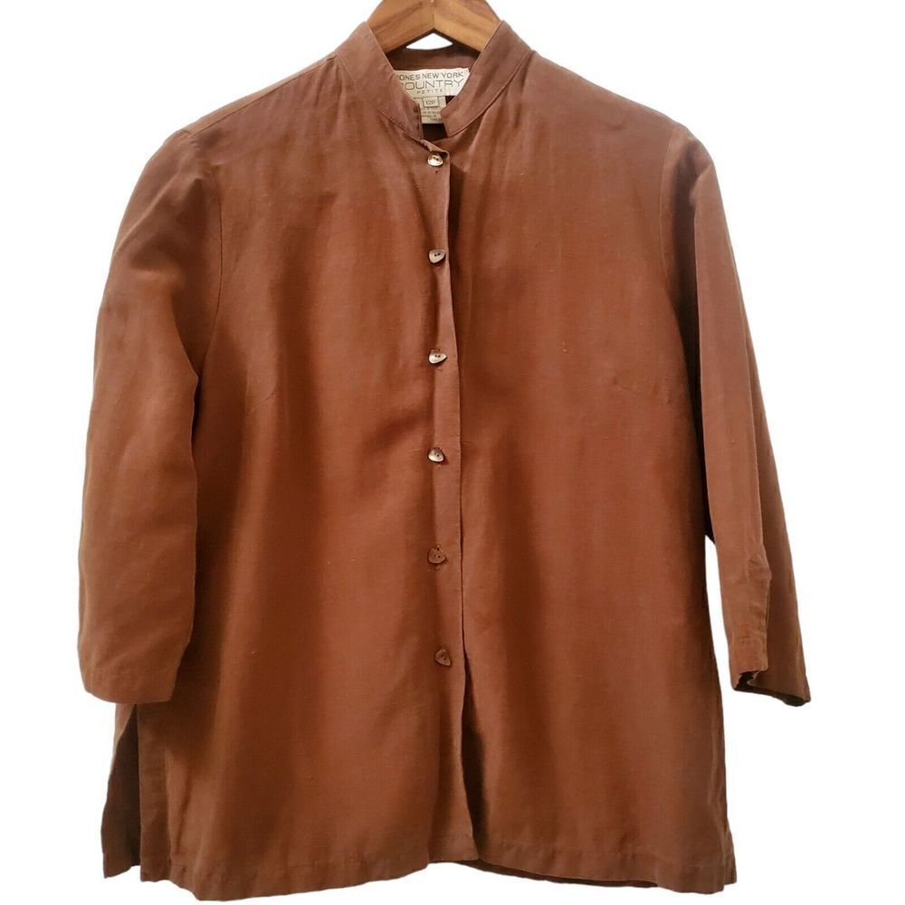 Jones New York Tunic Top Size M Brown Linen Tencyl Long Sleeve Lagenlook Womens